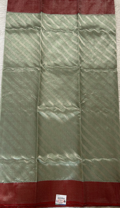 Chanderi Silk Saree Sea Green Colored Complemented with a Maroon Zari Border - Sampradaya Designer Studio