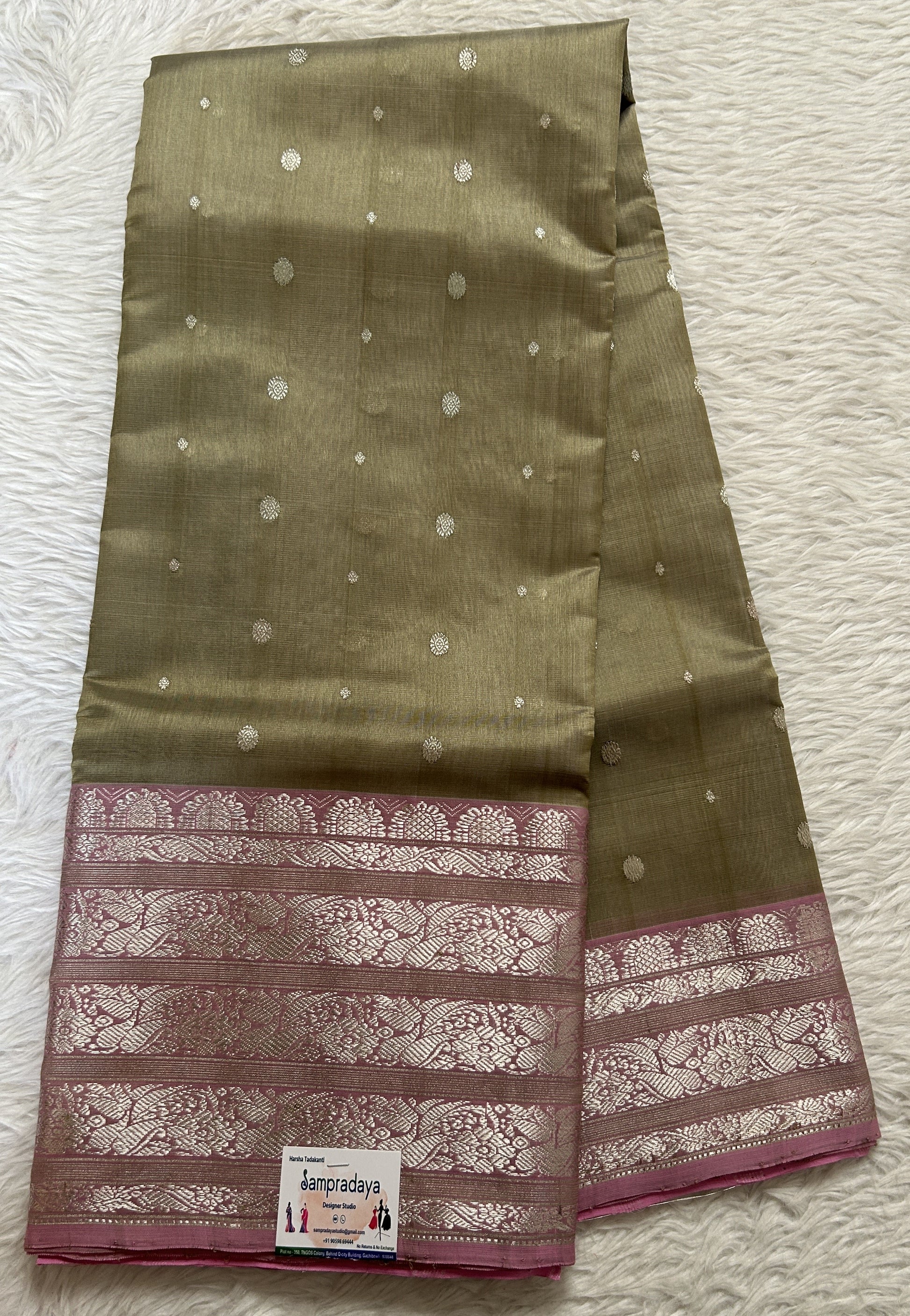 Chanderi Silk Saree Olive Green Colored Complemented with a Baby Pink Zari Border - Sampradaya Designer Studio