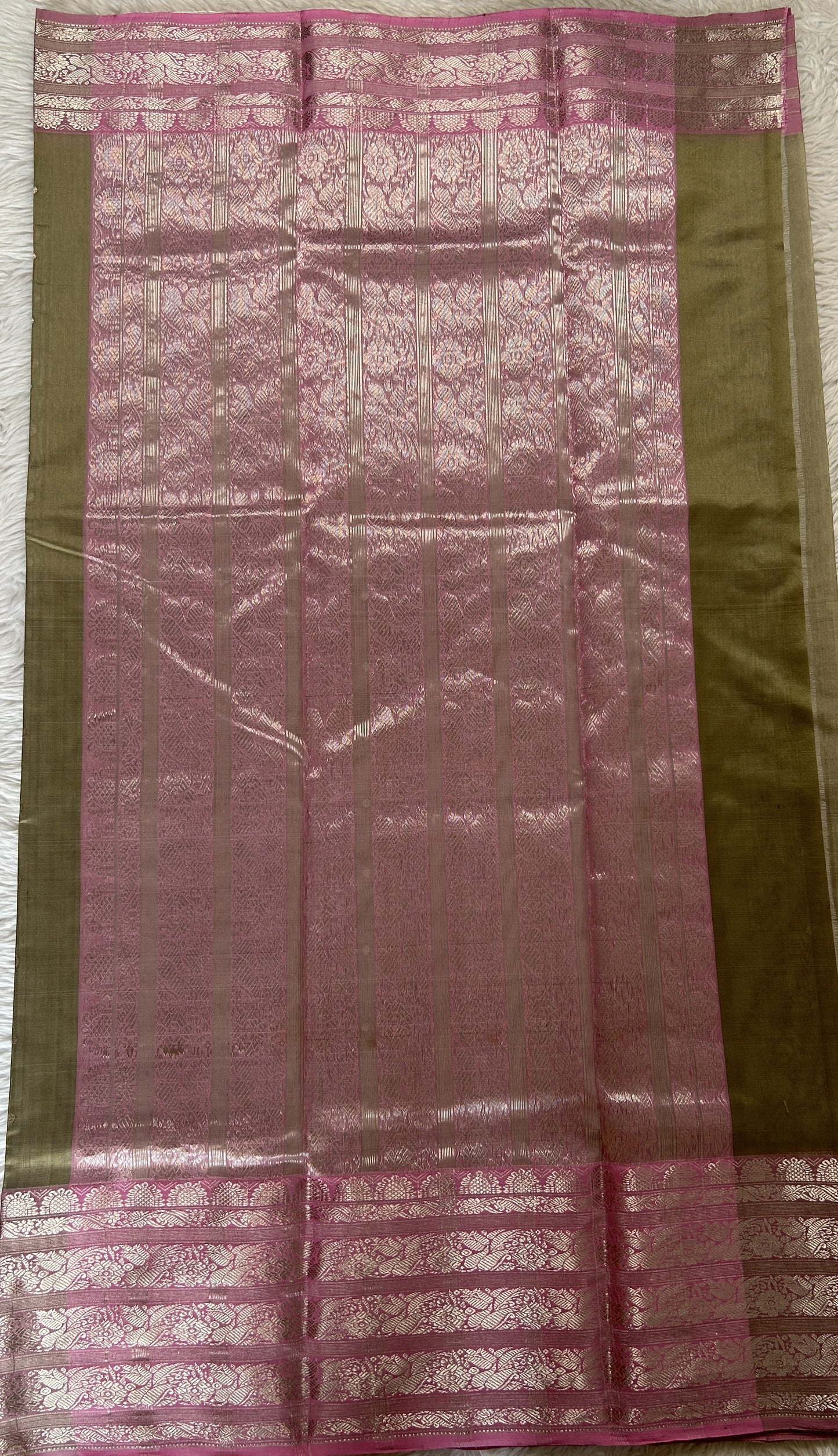 Chanderi Silk Saree Olive Green Colored Complemented with a Baby Pink Zari Border - Sampradaya Designer Studio