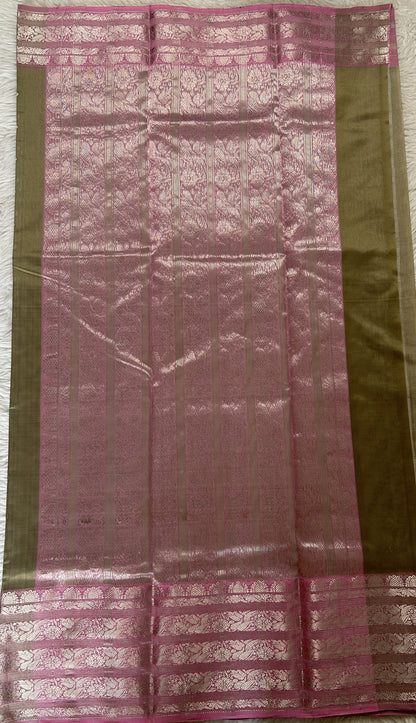 Chanderi Silk Saree Olive Green Colored Complemented with a Baby Pink Zari Border - Sampradaya Designer Studio