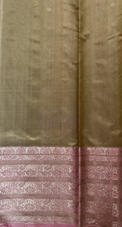 Chanderi Silk Saree Olive Green Colored Complemented with a Baby Pink Zari Border - Sampradaya Designer Studio