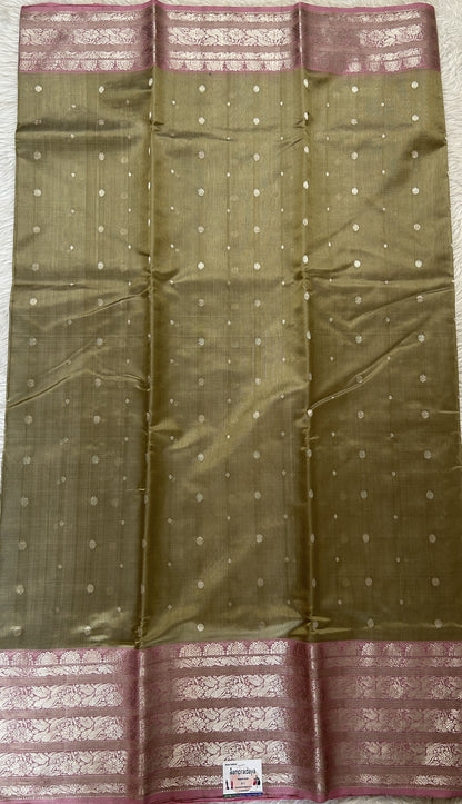 Chanderi Silk Saree Olive Green Colored Complemented with a Baby Pink Zari Border - Sampradaya Designer Studio