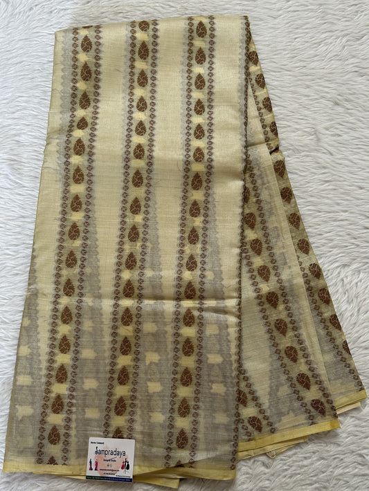 Pure Tussar Silk Saree Cream Colored Complemented with a Borderless. - Sampradaya Designer Studio