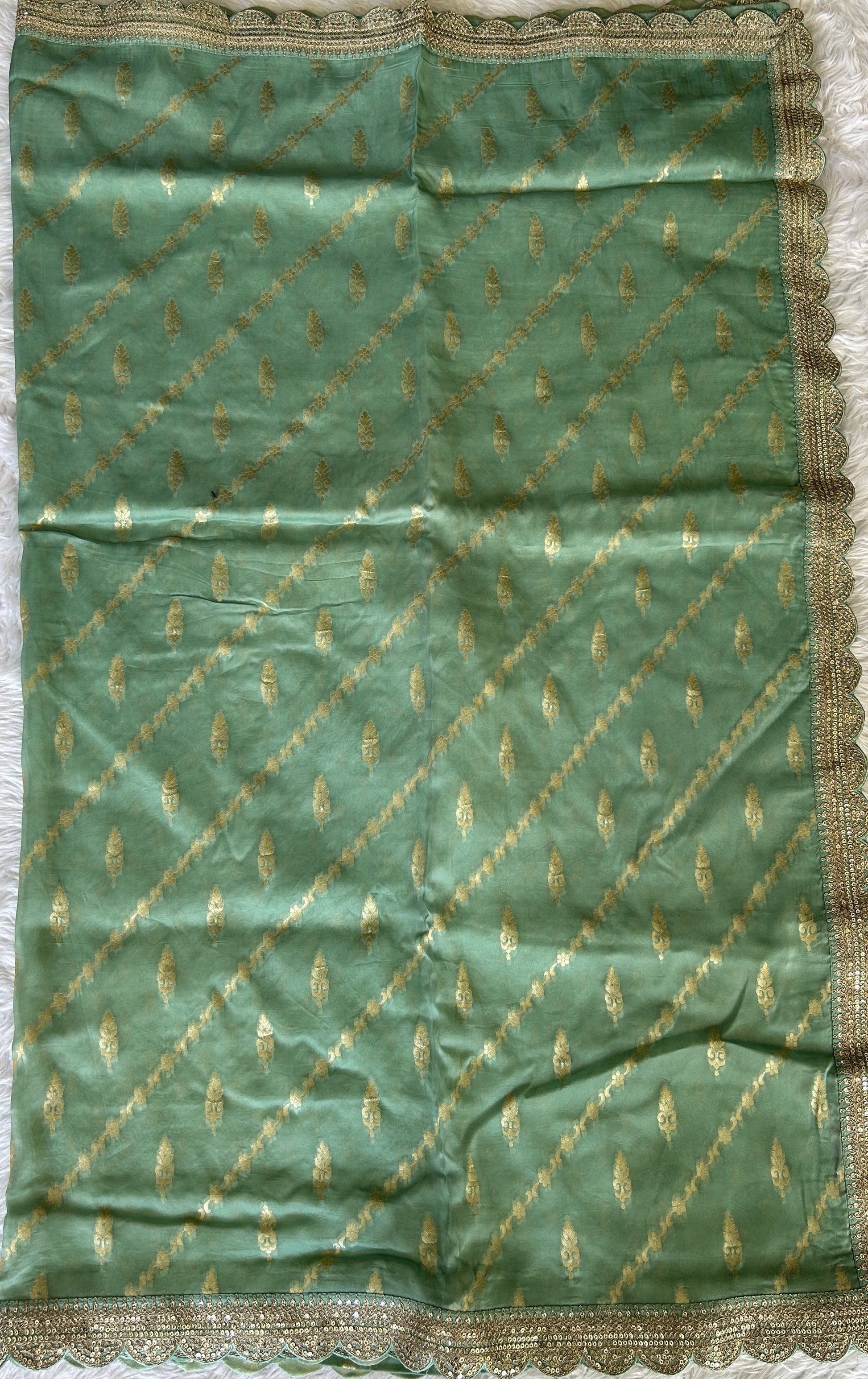 Banarasi Georgette Saree Sea Green Colored Complemented with a Lace border. - Sampradaya Designer Studio