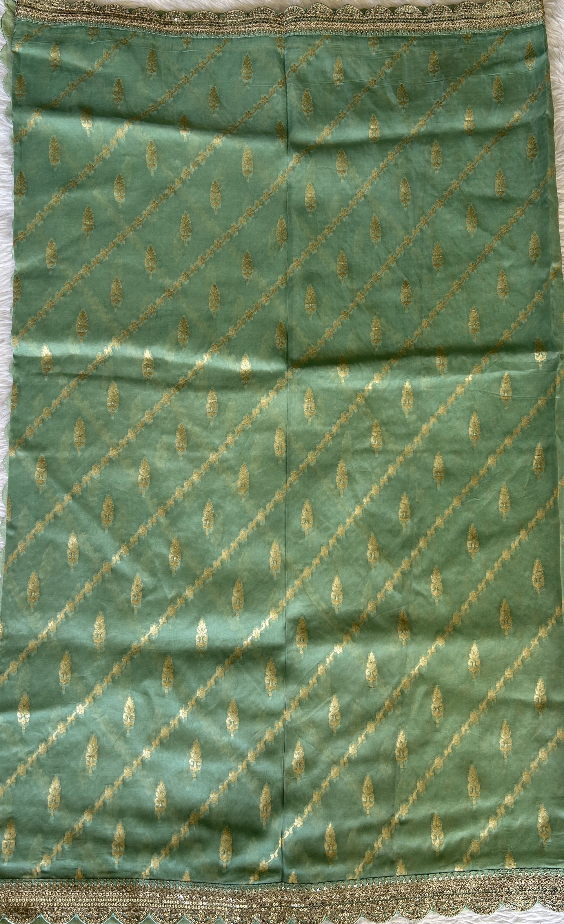 Banarasi Georgette Saree Sea Green Colored Complemented with a Lace border. - Sampradaya Designer Studio