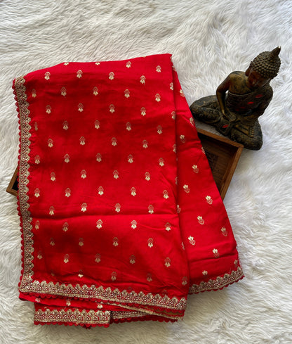 Banarasi Georgette Saree Red Colored Complemented with a Lace border. - Sampradaya Designer Studio