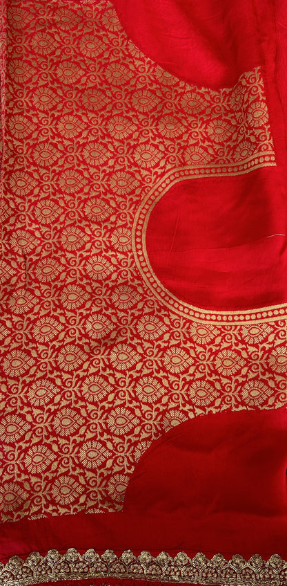 Banarasi Georgette Saree Red Colored Complemented with a Lace border. - Sampradaya Designer Studio