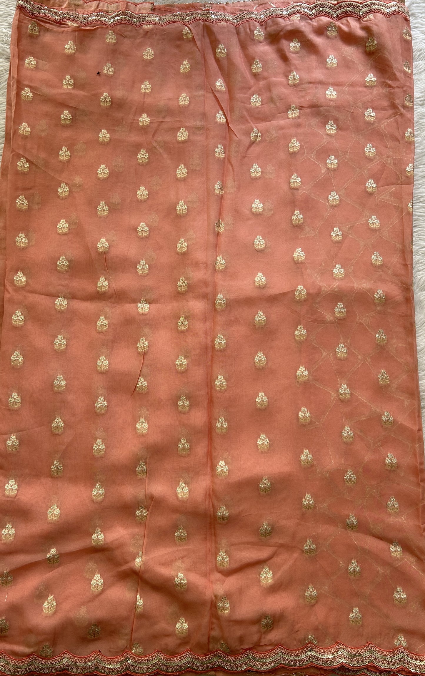 Banarasi Georgette Saree Peach Colored Complemented with a Lace border. - Sampradaya Designer Studio