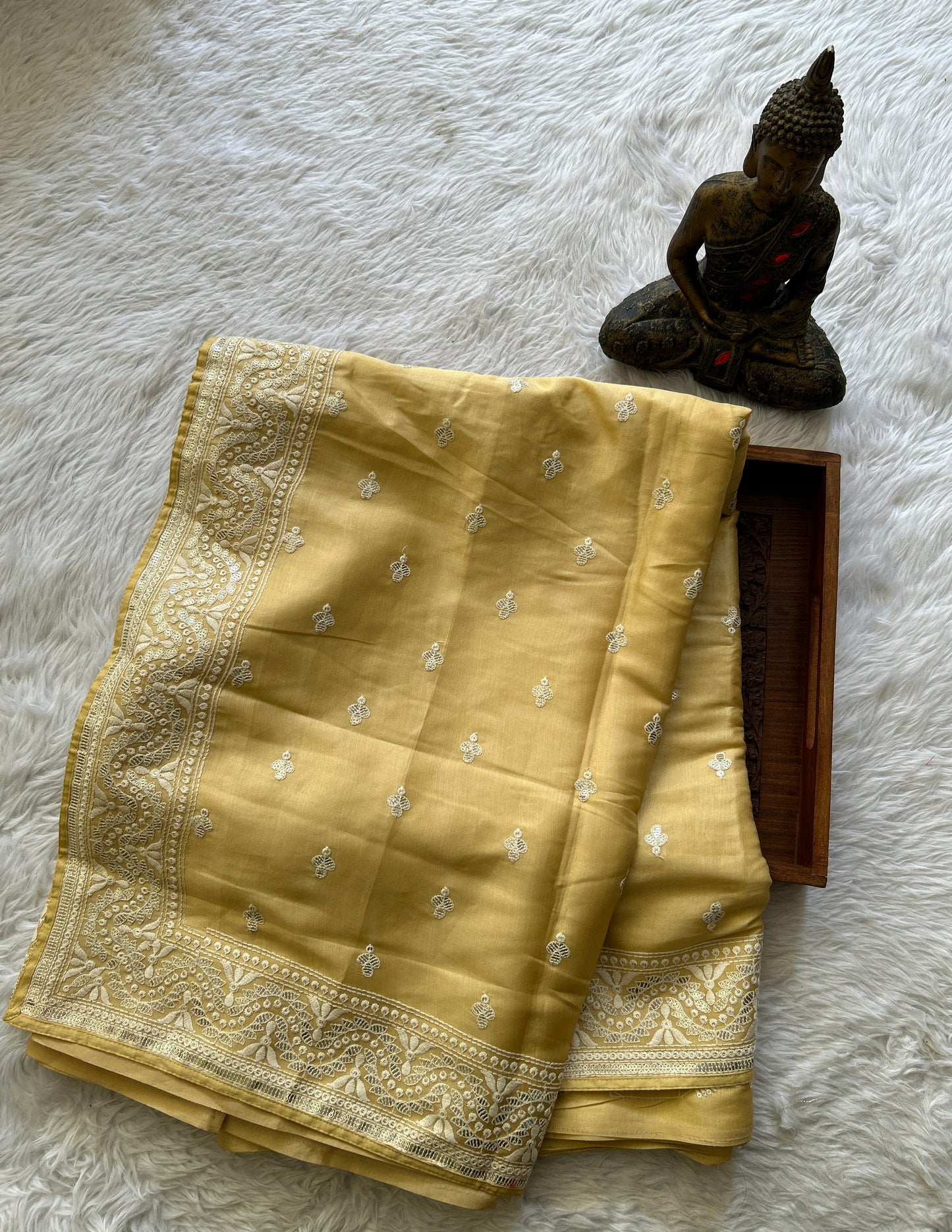 Crepe Silk Saree Party Wear Lemon Yellow colored complemented with a Machine Embroidery border. - Sampradaya Designer Studio