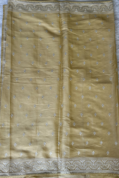 Crepe Silk Saree Party Wear Lemon Yellow colored complemented with a Machine Embroidery border. - Sampradaya Designer Studio