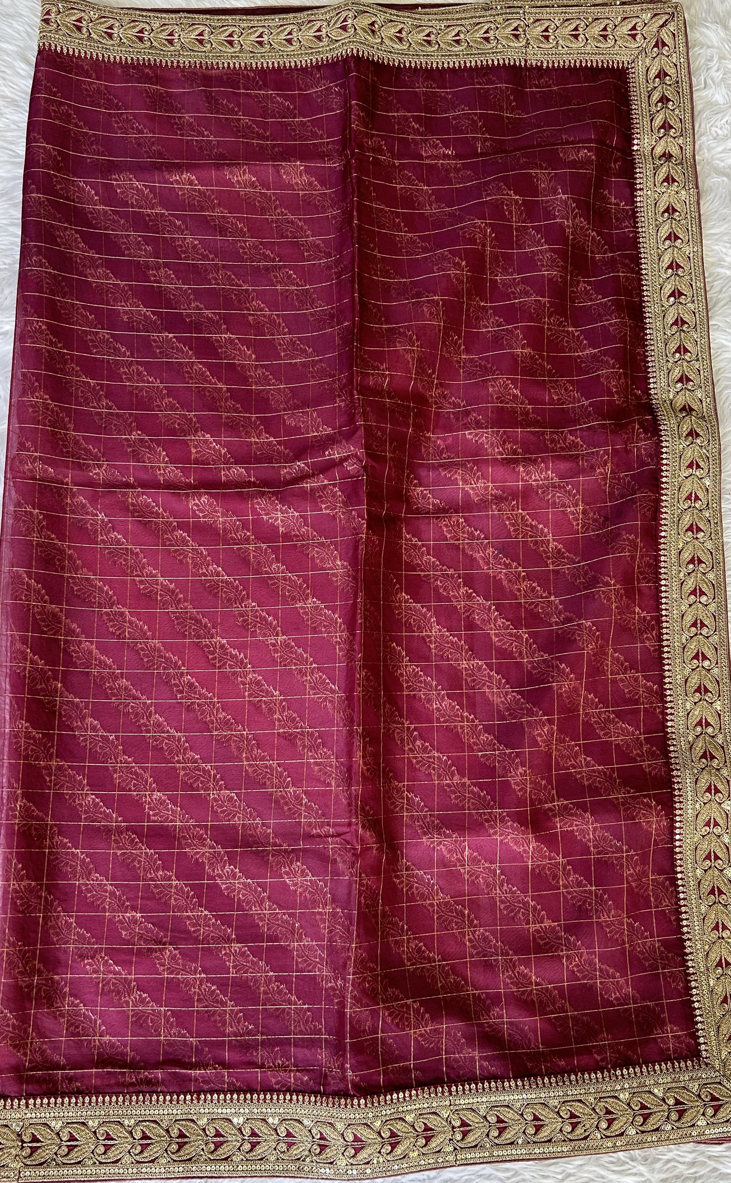 Organza Saree Party Wear Wine colored complemented with a Lace border. - Sampradaya Designer Studio