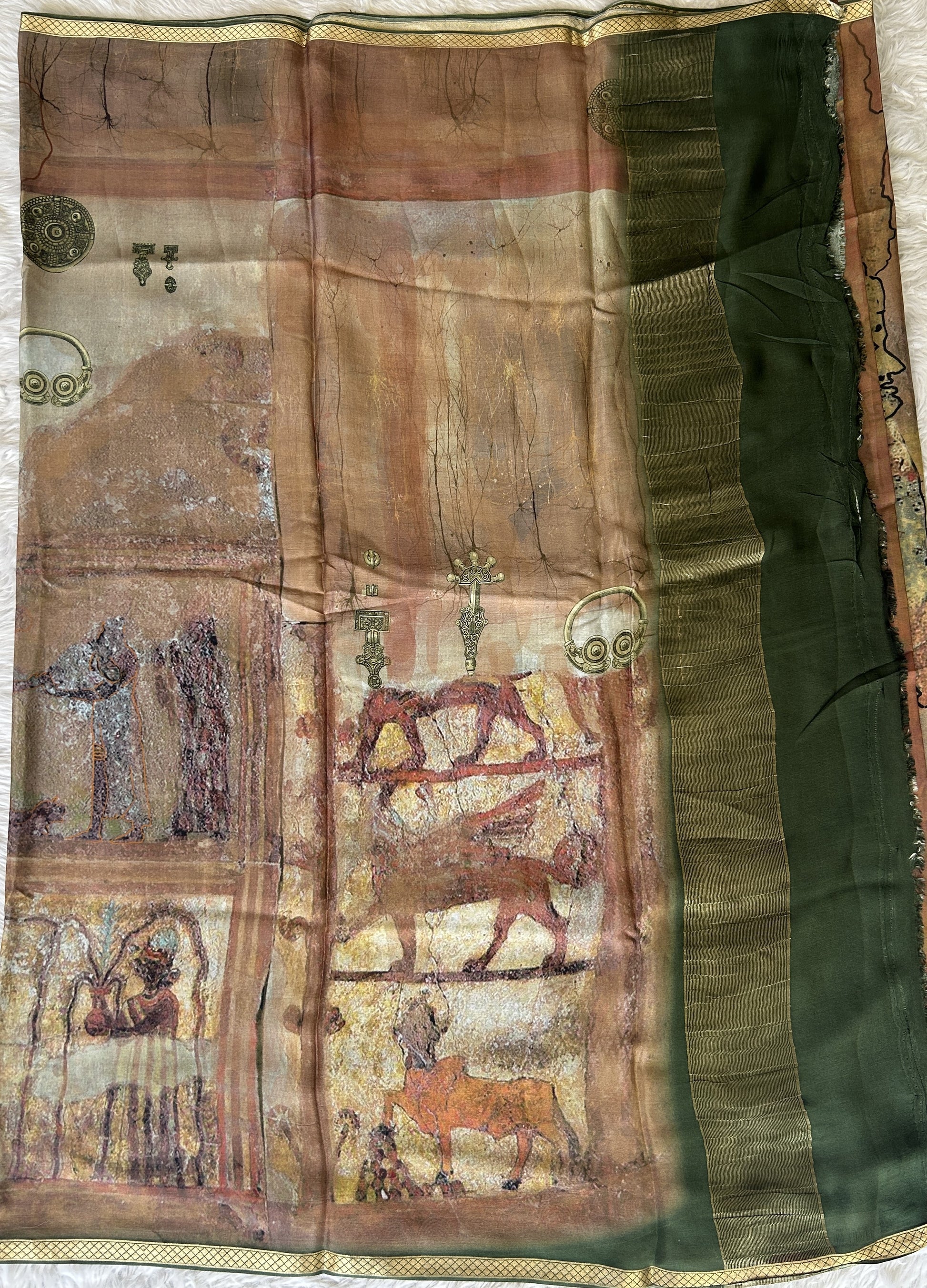 Banarasi Crepe Silk Saree Light Brown colored complemented with a Bottle Green Zari border. - Sampradaya Designer Studio