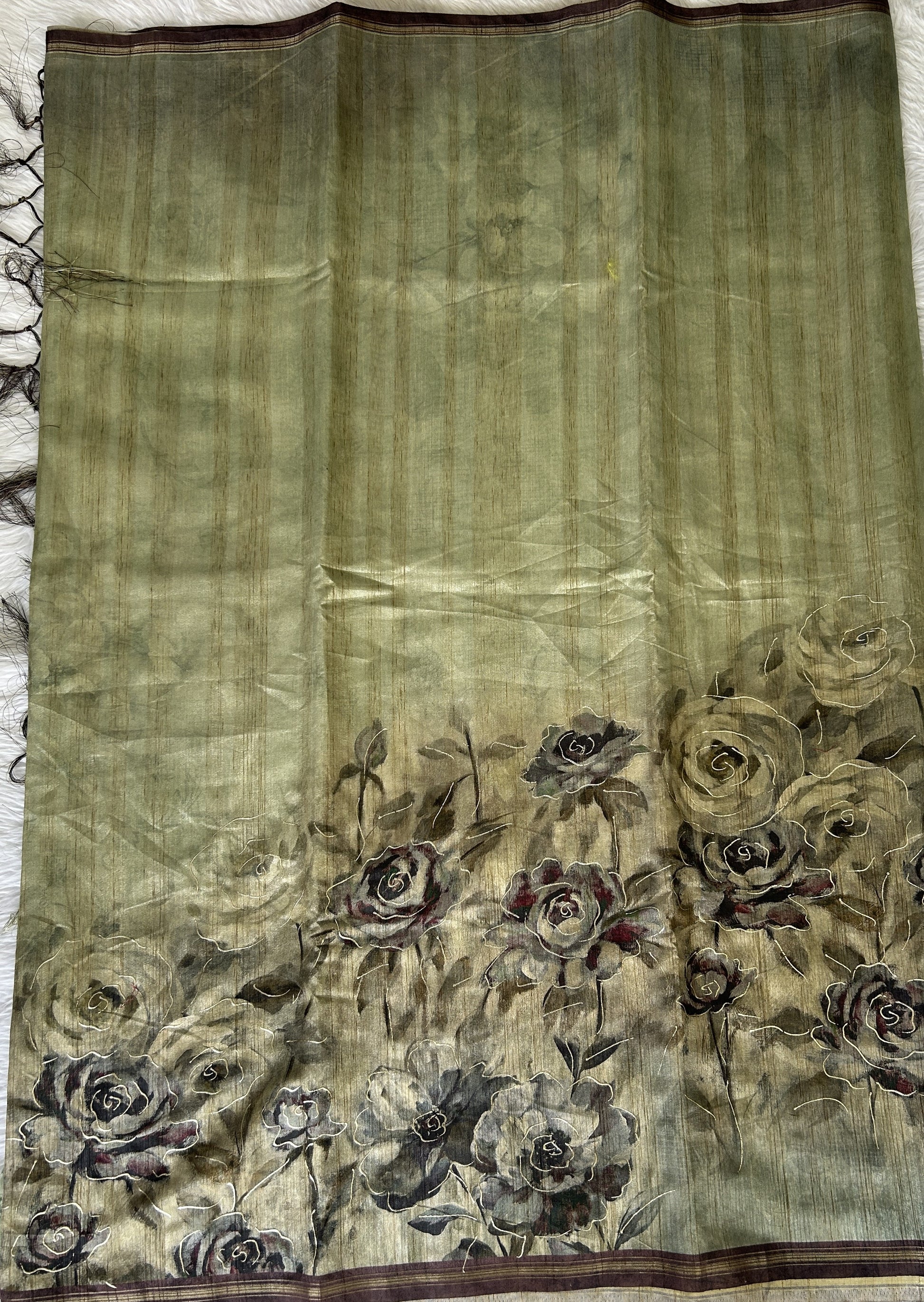 Semi Tussar Saree Green Color Complemented with a Snuff Color Zari Border. - Sampradaya Designer Studio