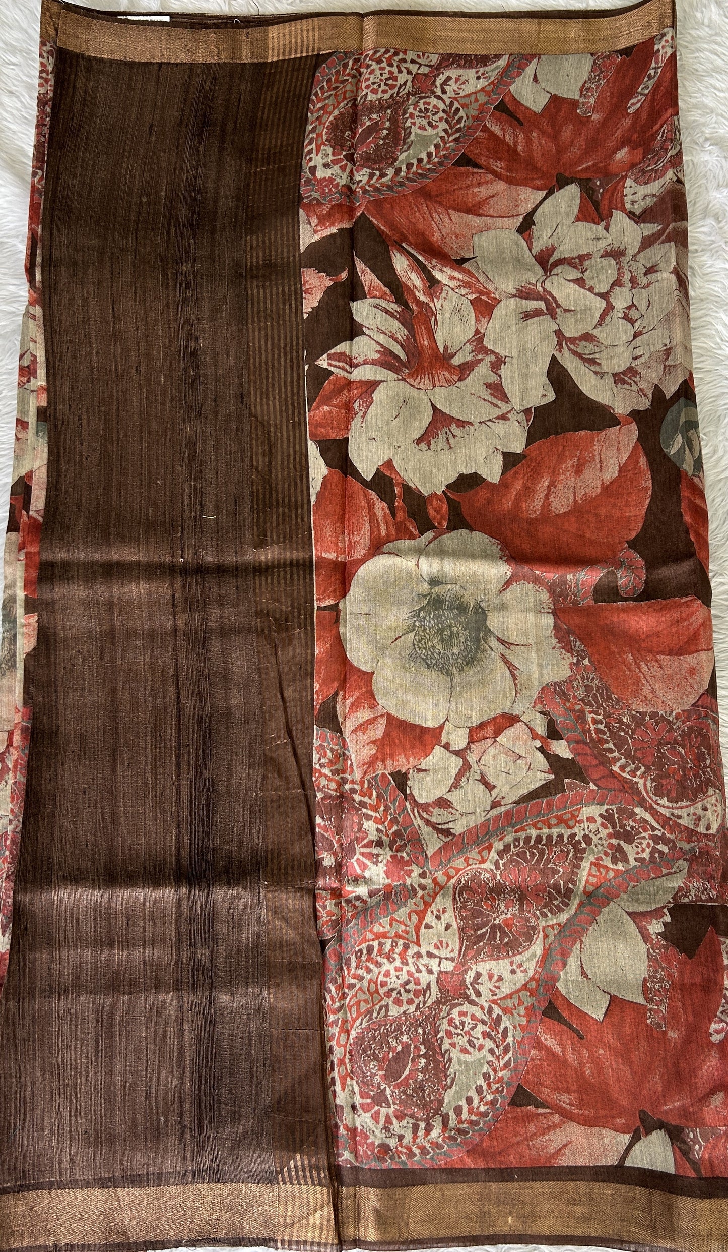 Semi Tussar Saree Red Color Complemented with a Brown Zari Border. - Sampradaya Designer Studio