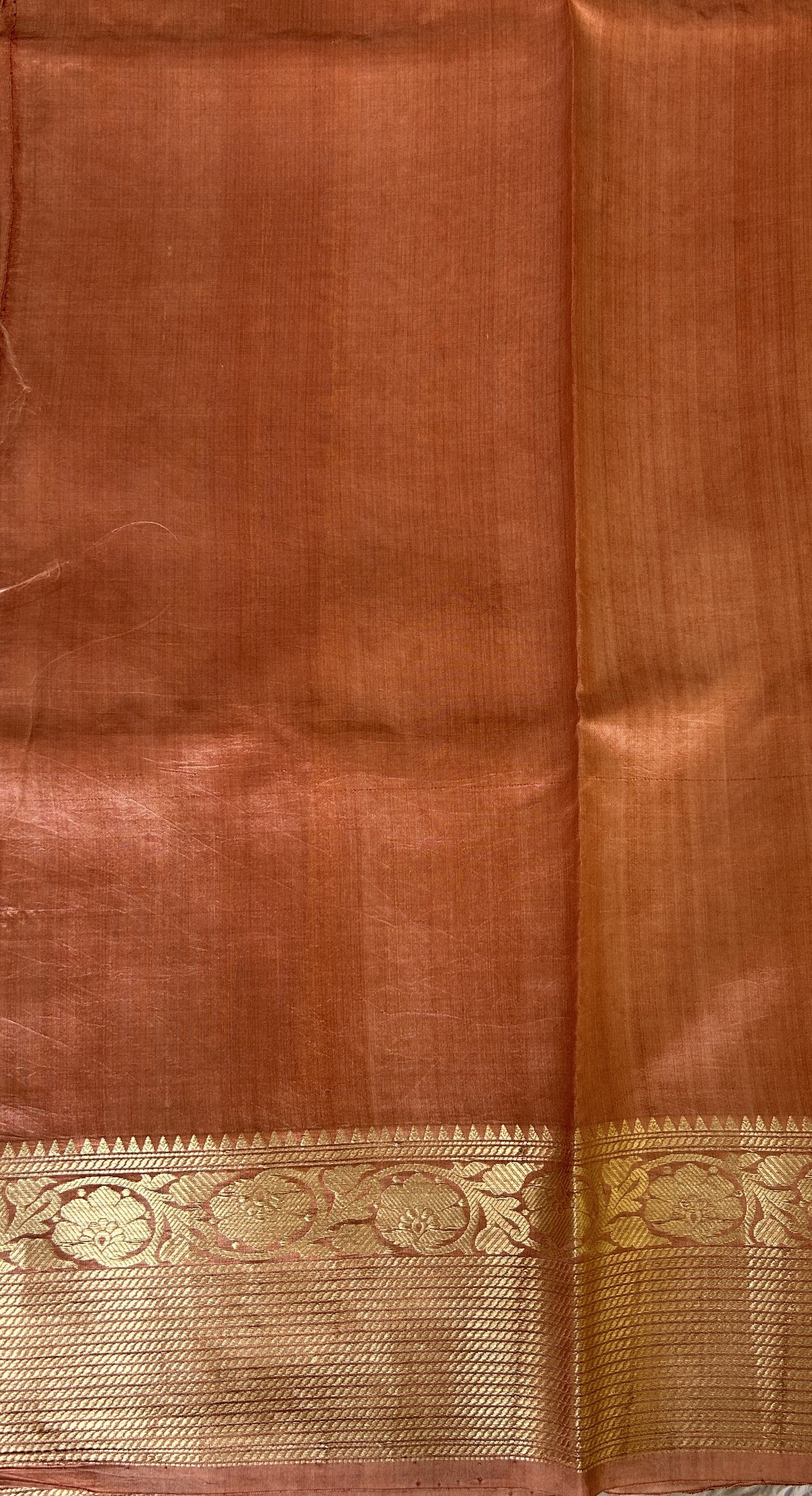 Banarasi Chiniya Silk Saree Dark Coral Colored Complemented with a Zari Border. - Sampradaya Designer Studio