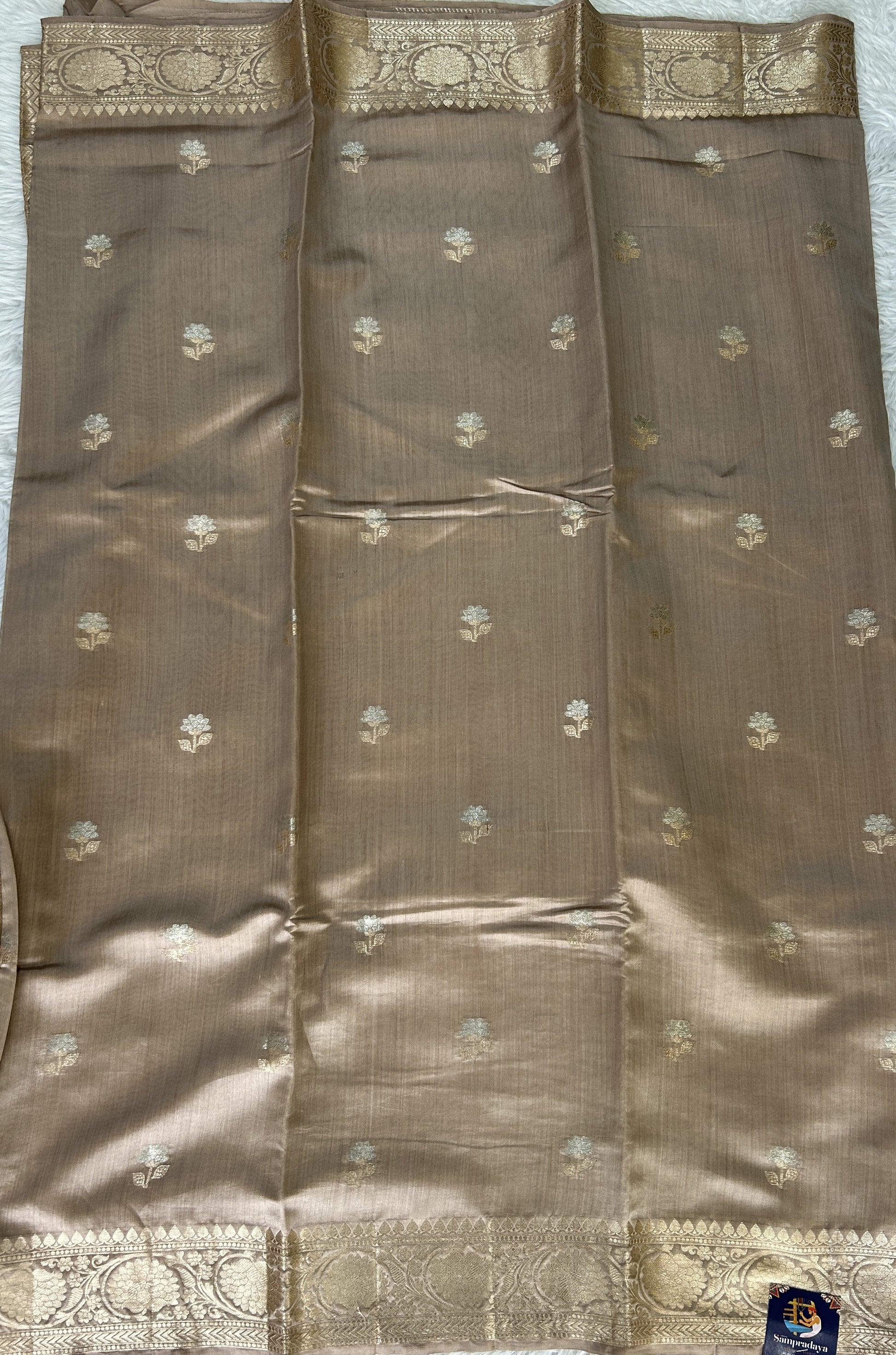 Banarasi Chiniya Silk Saree Beige Colored Complemented with a Zari Border. - Sampradaya Designer Studio