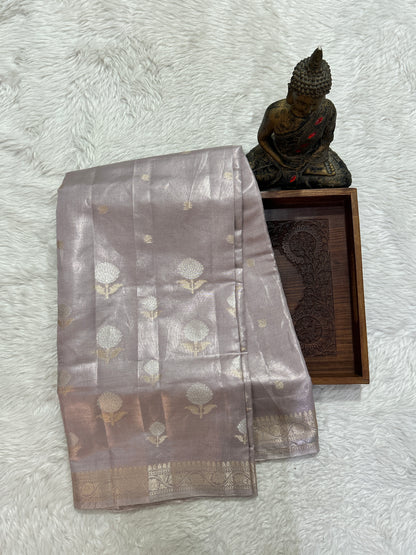 Banarasi Chiniya Silk Saree Light Lavender Colored Complemented with a Zari Border. - Sampradaya Designer Studio