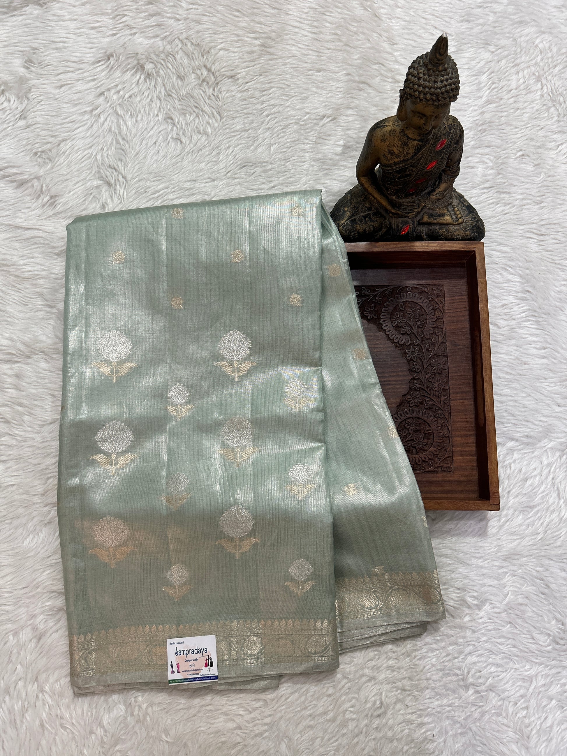 Banarasi Chiniya Silk Saree Sea Green Colored Complemented with a Zari Border. - Sampradaya Designer Studio