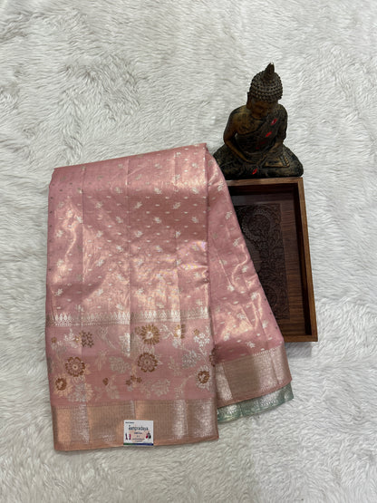 Banarasi Chiniya Silk Saree Pink Colored Complemented with a Zari Border. - Sampradaya Designer Studio