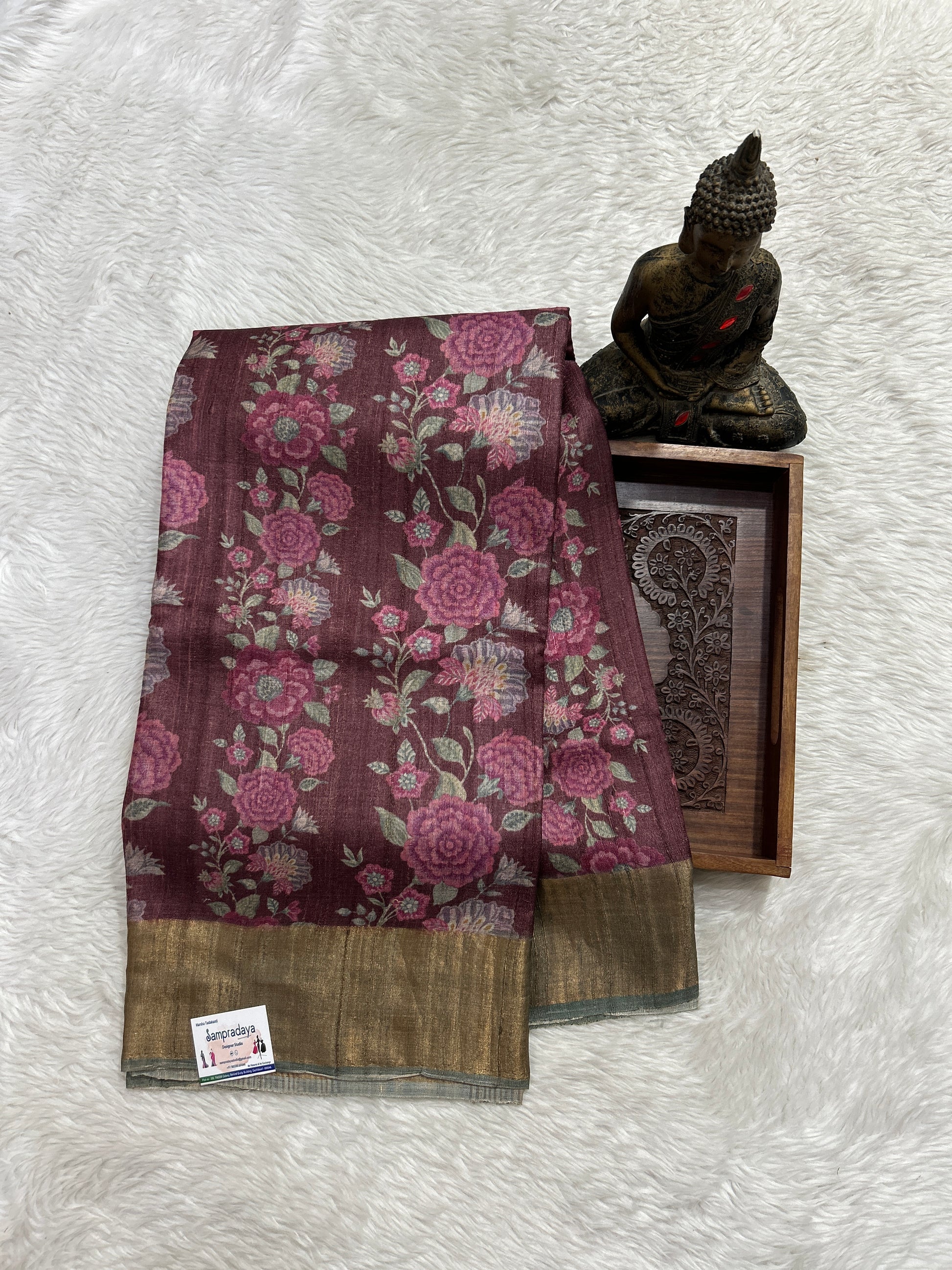 Semi Tussar Saree Dark Magenta Color Complemented with a Zari Border. - Sampradaya Designer Studio