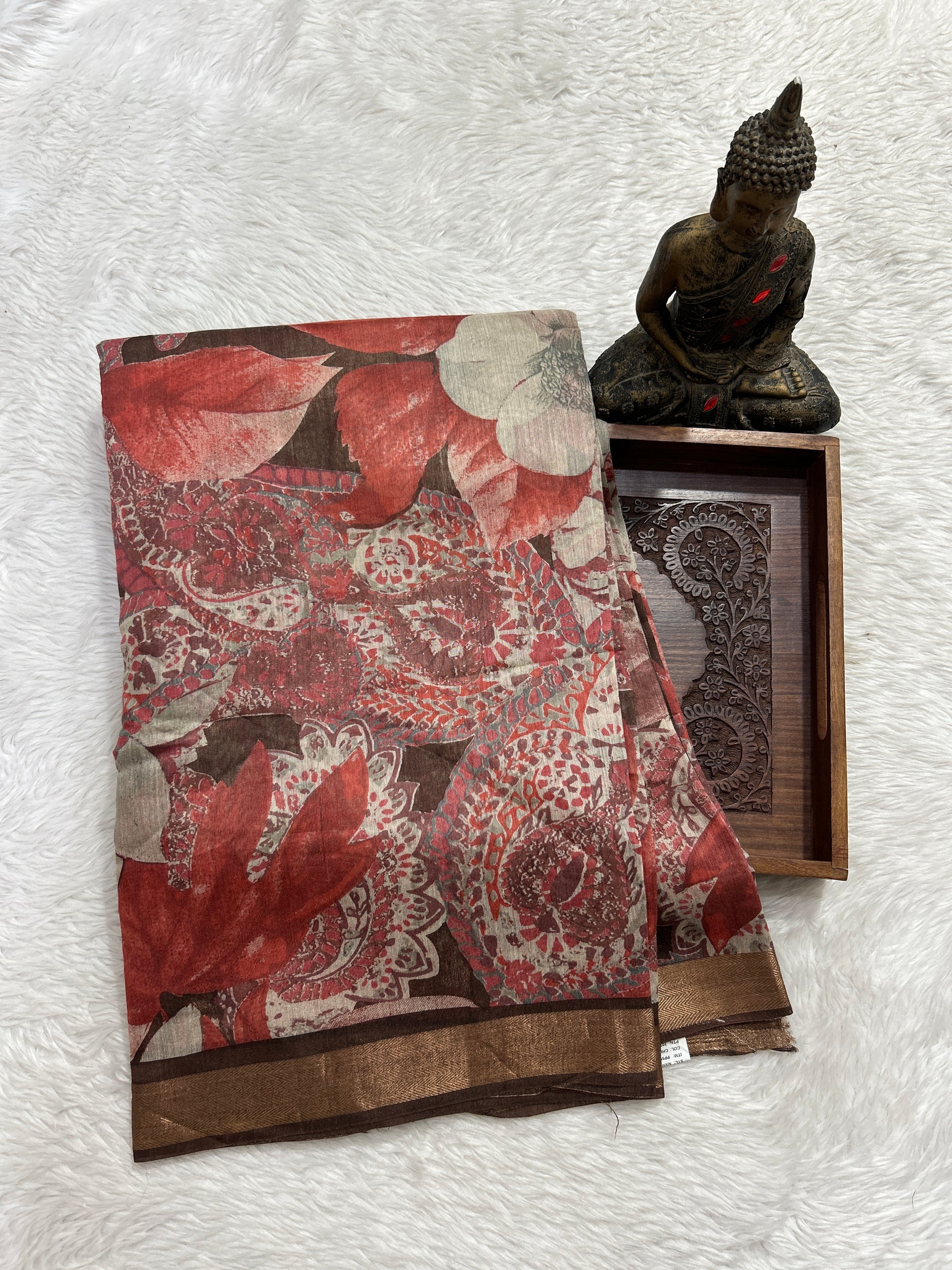 Semi Tussar Saree Red Color Complemented with a Brown Zari Border. - Sampradaya Designer Studio