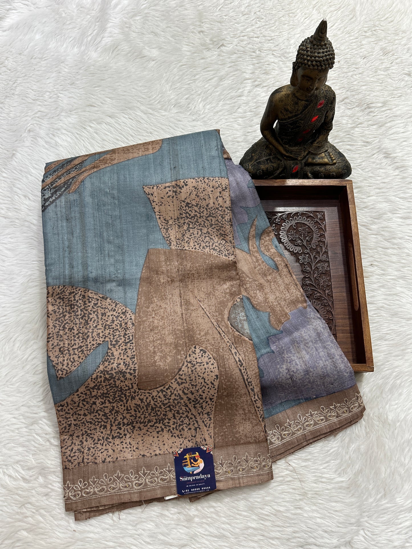 Semi Tussar Saree Sea Blue Color Complemented with a Onion Pink Handwoven Border. - Sampradaya Designer Studio