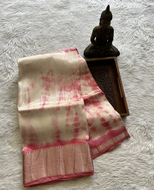 Mangalagiri Pattu Shibori Saree Off White colored complemented with a Pink Color Zari Border - Sampradaya Designer Studio