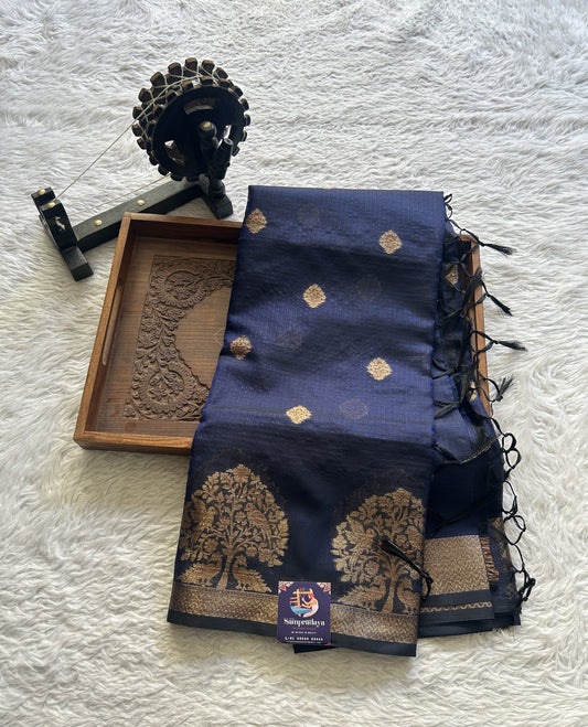 Silk kota Saree Navy Blue colored Complemented with a Zari Border.