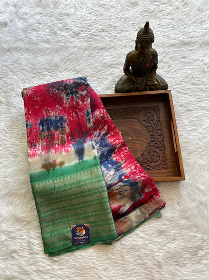 Mangalagiri Pattu Shibori Saree Multi colored complemented with a Green Color Zari Border - Sampradaya Designer Studio