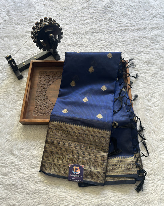 Silk kota Saree Ink Blue colored Complemented with a Zari Border.