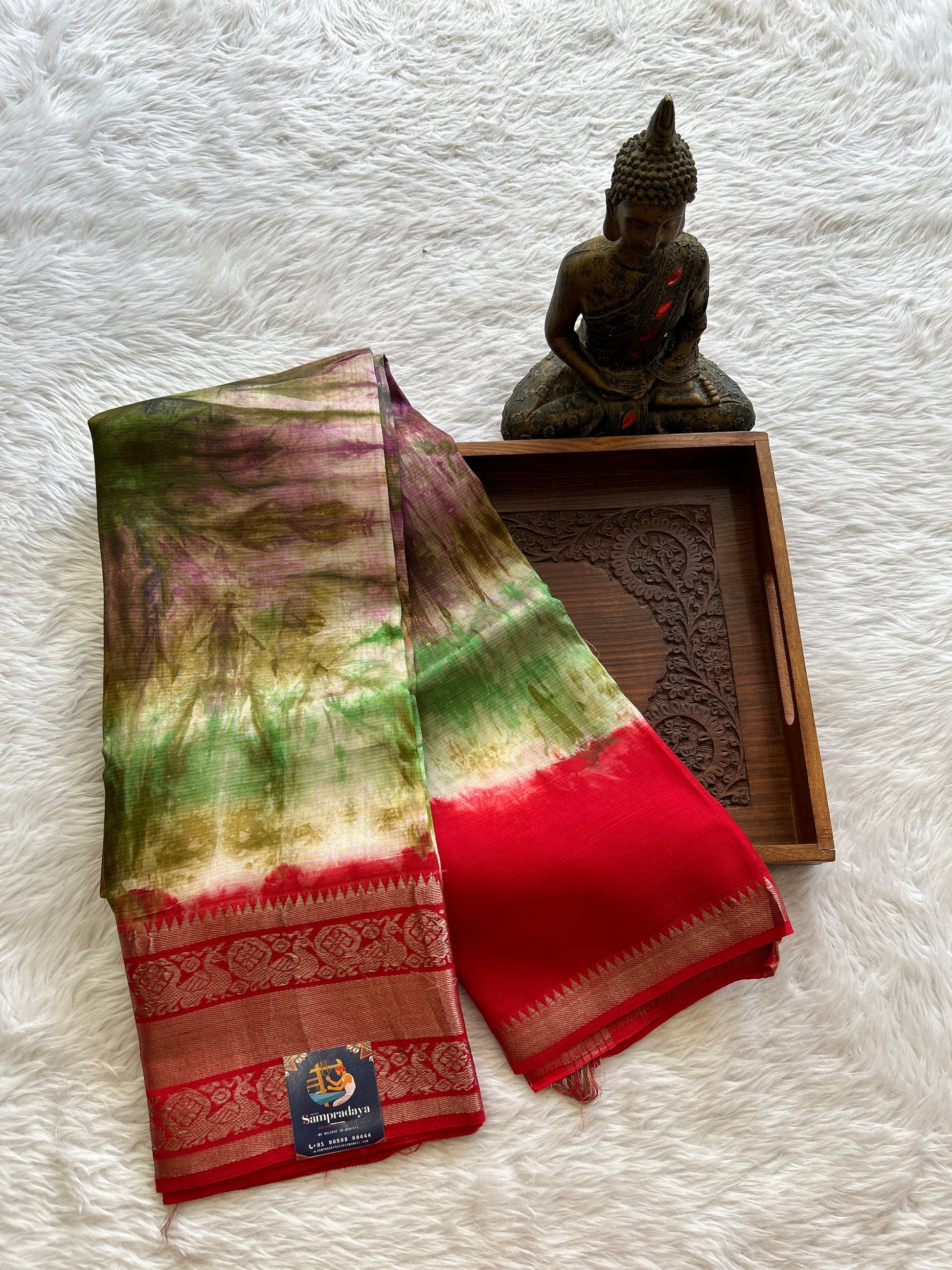 Mangalagiri Pattu Shibori Saree Multi colored complemented with a Red Color Zari Border - Sampradaya Designer Studio