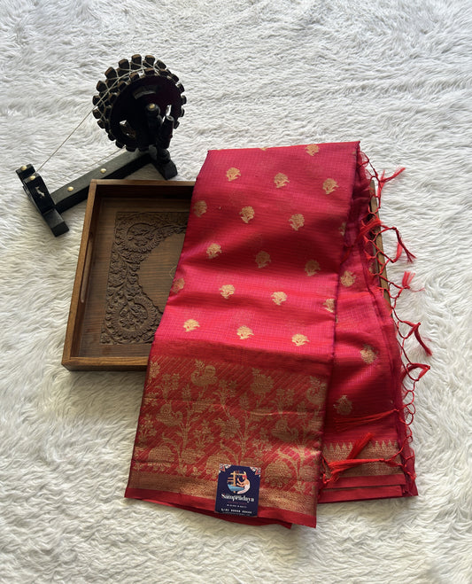 Silk kota Saree Pinkish Red colored Complemented with a Zari Border.