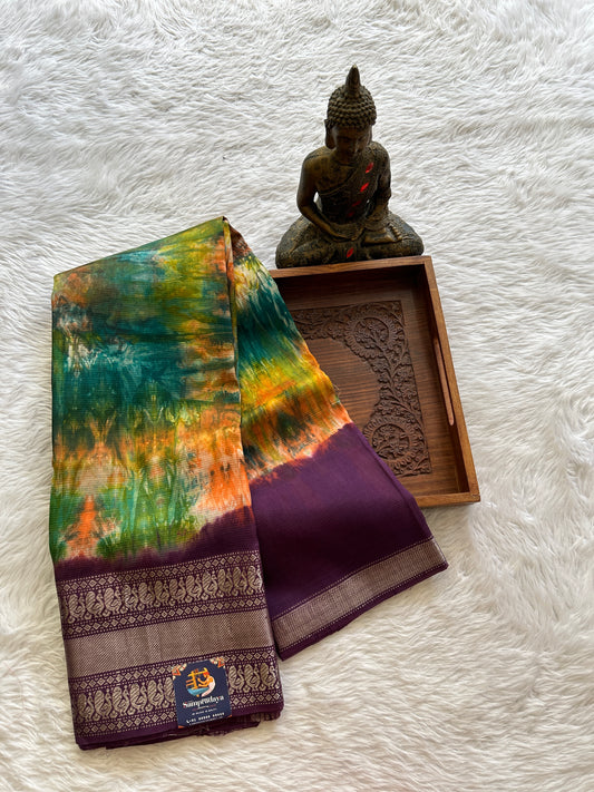 Mangalagiri Pattu Shibori Saree Multi colored complemented with a Purple Color Zari Border - Sampradaya Designer Studio