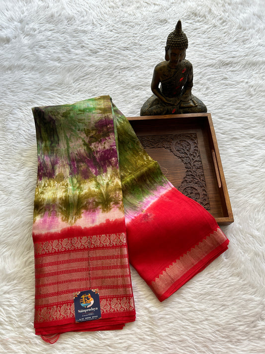 Mangalagiri Pattu Shibori Saree Multi colored complemented with a Red Color Zari Border - Sampradaya Designer Studio