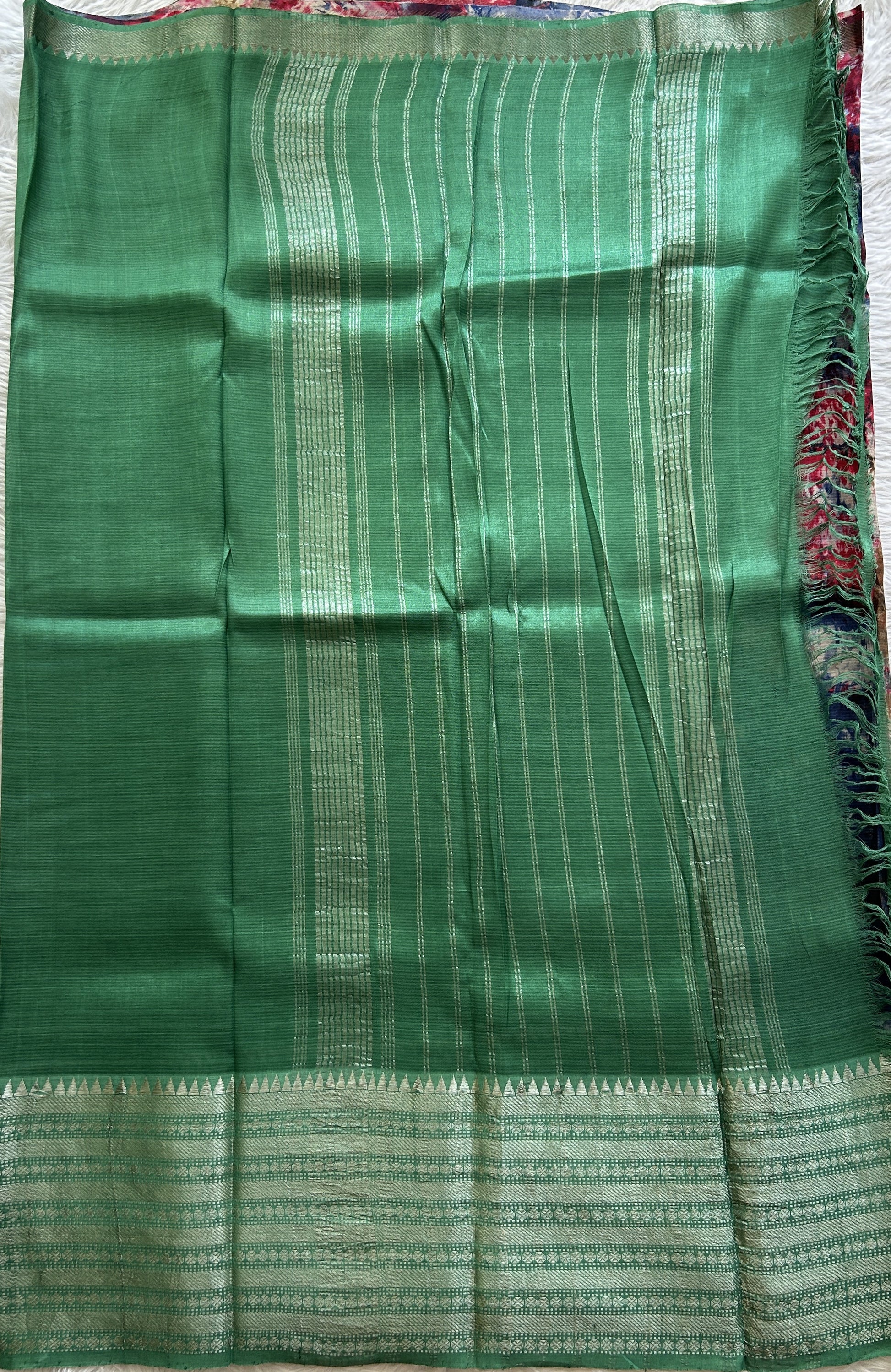 Mangalagiri Pattu Shibori Saree Multi colored complemented with a Green Color Zari Border - Sampradaya Designer Studio