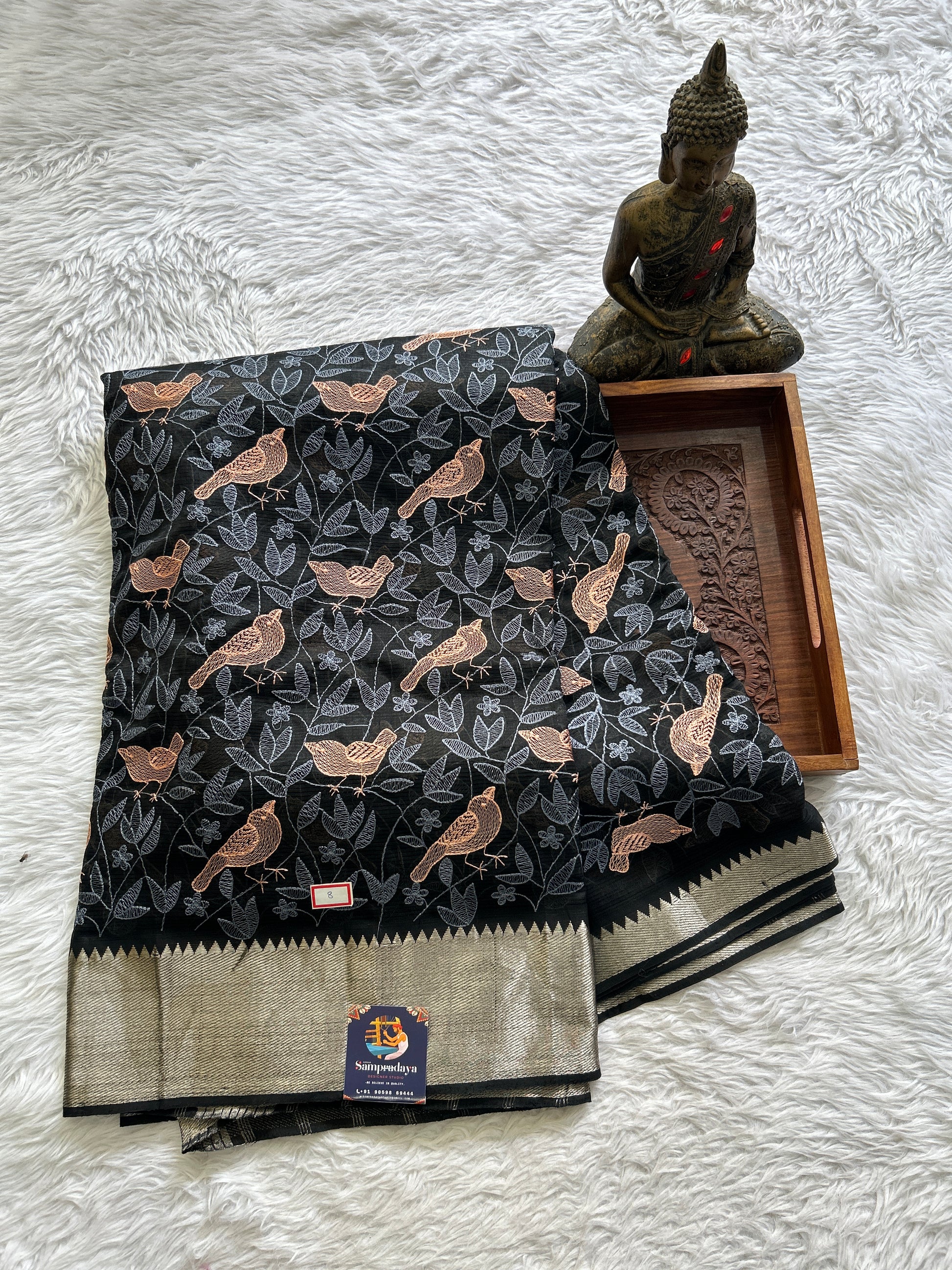 Mangalagiri Chikankari Saree Black colored complemented with a Mangalagiri Kanchi Border. - Sampradaya Designer Studio