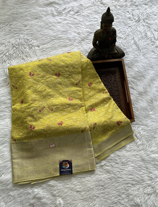 Mangalagiri Chikankari Saree Yellow colored complemented with a Mangalagiri Kanchi Border. - Sampradaya Designer Studio