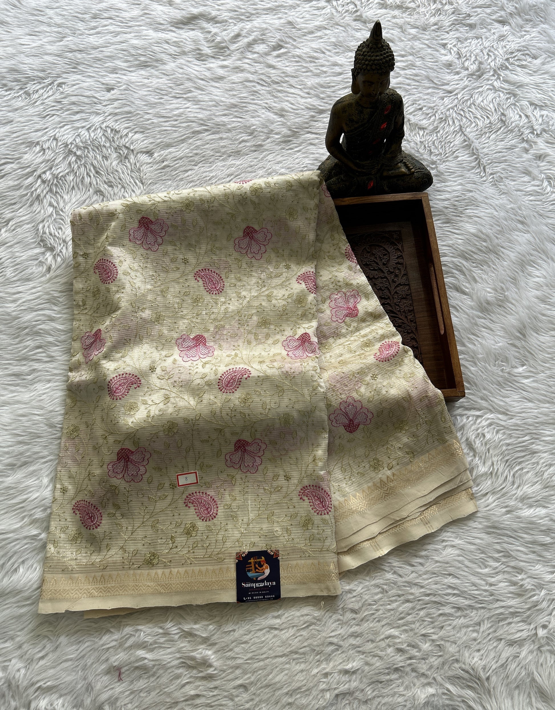 Mangalagiri Chikankari Saree Cream colored complemented with a Mangalagiri Border. - Sampradaya Designer Studio