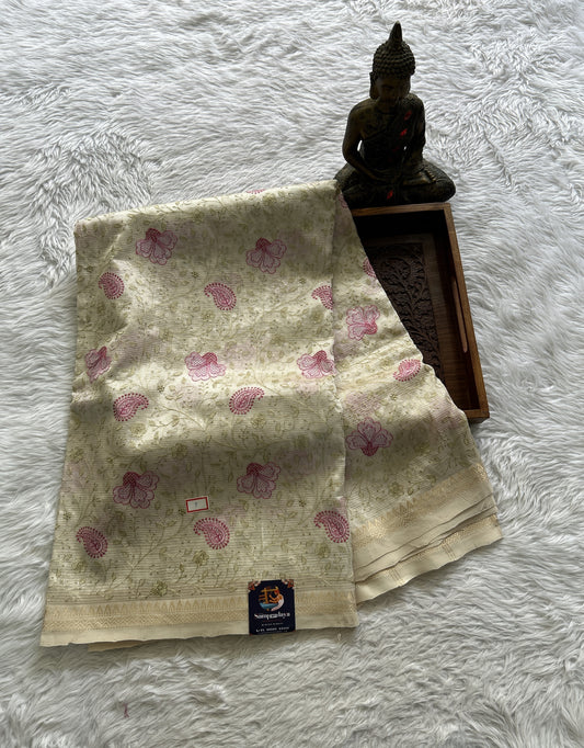 Mangalagiri Chikankari Saree Cream colored complemented with a Mangalagiri Border. - Sampradaya Designer Studio