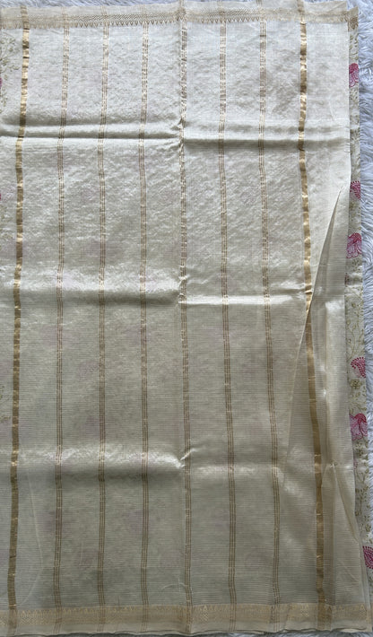 Mangalagiri Chikankari Saree Cream colored complemented with a Mangalagiri Border. - Sampradaya Designer Studio