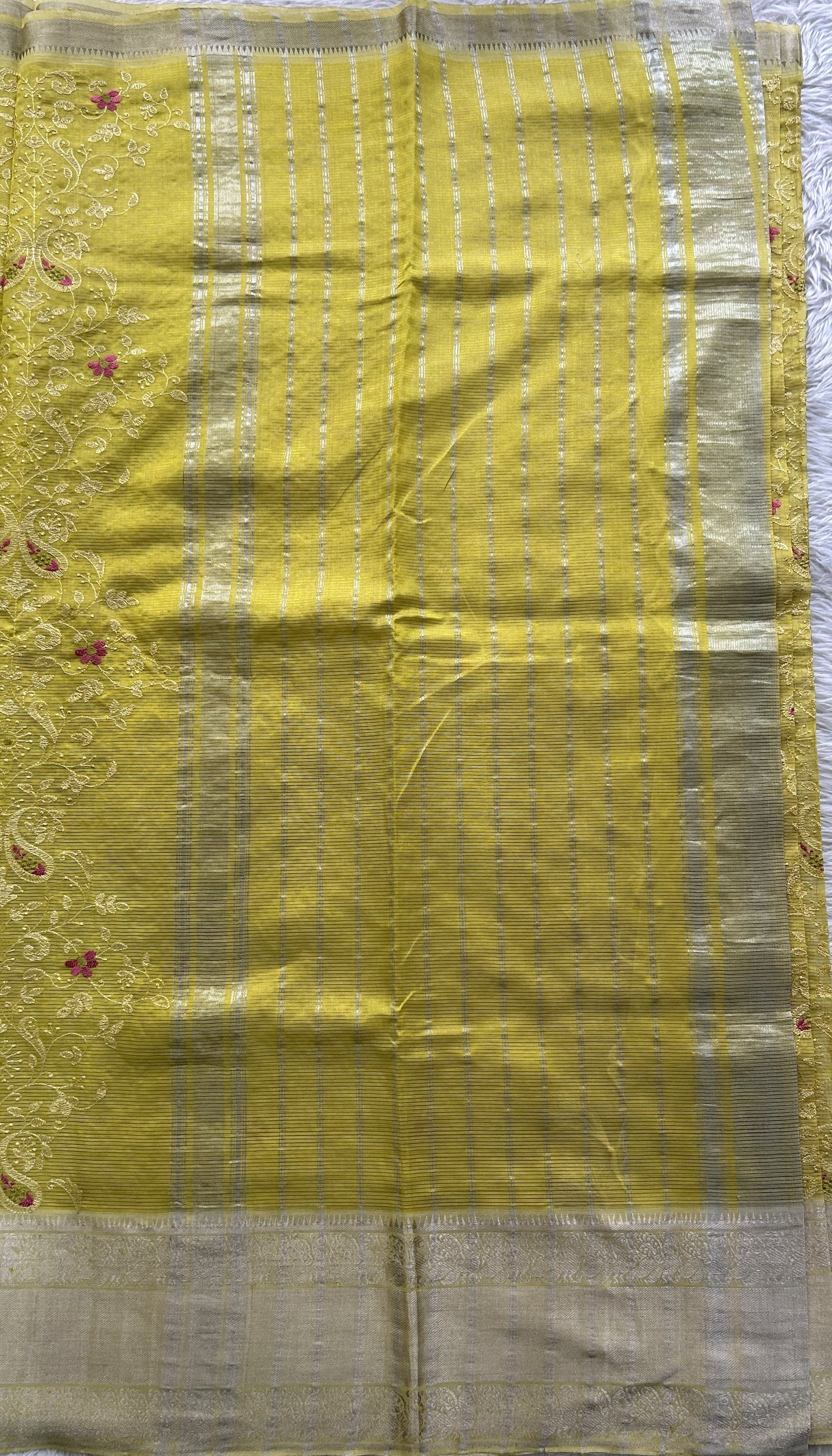 Mangalagiri Chikankari Saree Yellow colored complemented with a Mangalagiri Kanchi Border. - Sampradaya Designer Studio