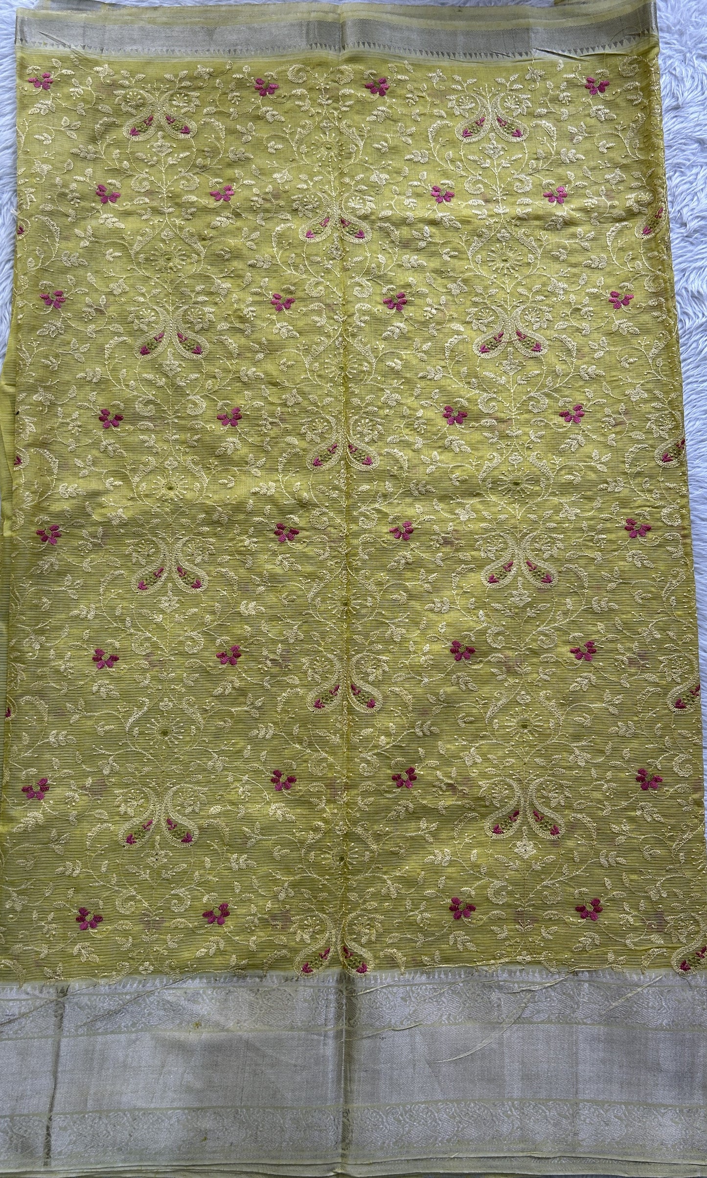 Mangalagiri Chikankari Saree Yellow colored complemented with a Mangalagiri Kanchi Border. - Sampradaya Designer Studio