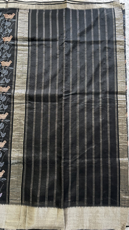 Mangalagiri Chikankari Saree Black colored complemented with a Mangalagiri Kanchi Border. - Sampradaya Designer Studio