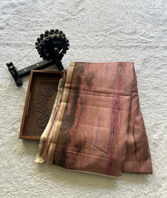 Semi Tussar Saree Rose Wood Colored complemented with a Borderless.