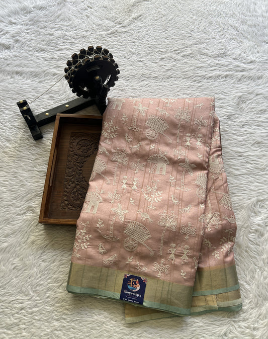 Semi Tussar Saree Baby Pink Colored complemented with a Sea Blue Zari Border.