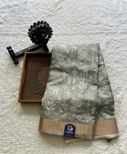 Semi Tussar Saree Gray Colored complemented with a Light Pink Zari Border.