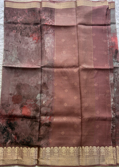 Banarasi Soft Silk Saree Dark Mauve Colored Complemented with a Zari Border.