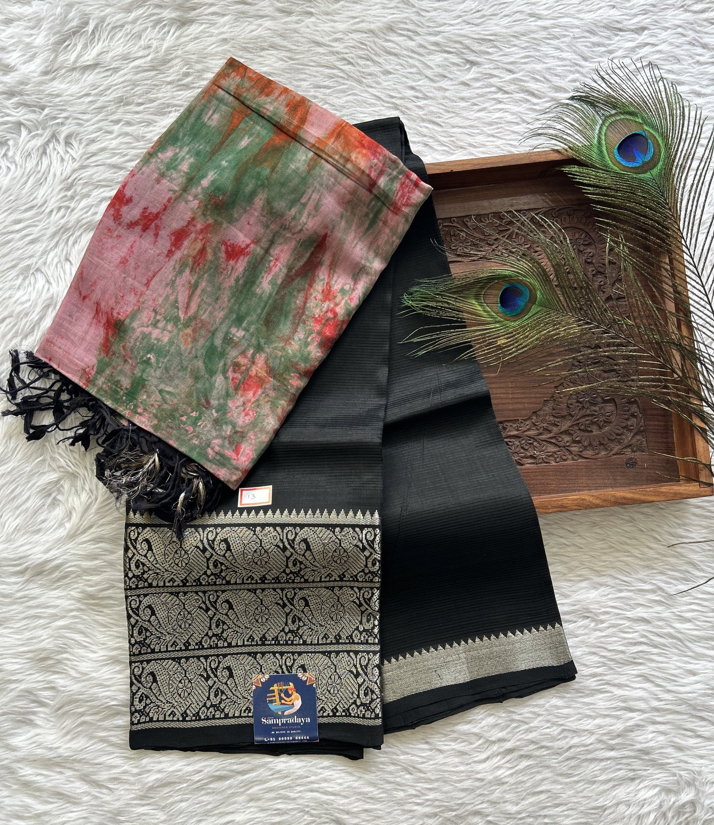 Pure Mangalagiri Pattu Dress Material Black Colored Paired with a Multi Colored Shibori Dupatta - Sampradaya Designer Studio