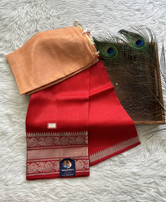 Pure Mangalagiri Pattu Dress Material Red Colored Paired with a Sandal Color Digital Print Dupatta - Sampradaya Designer Studio