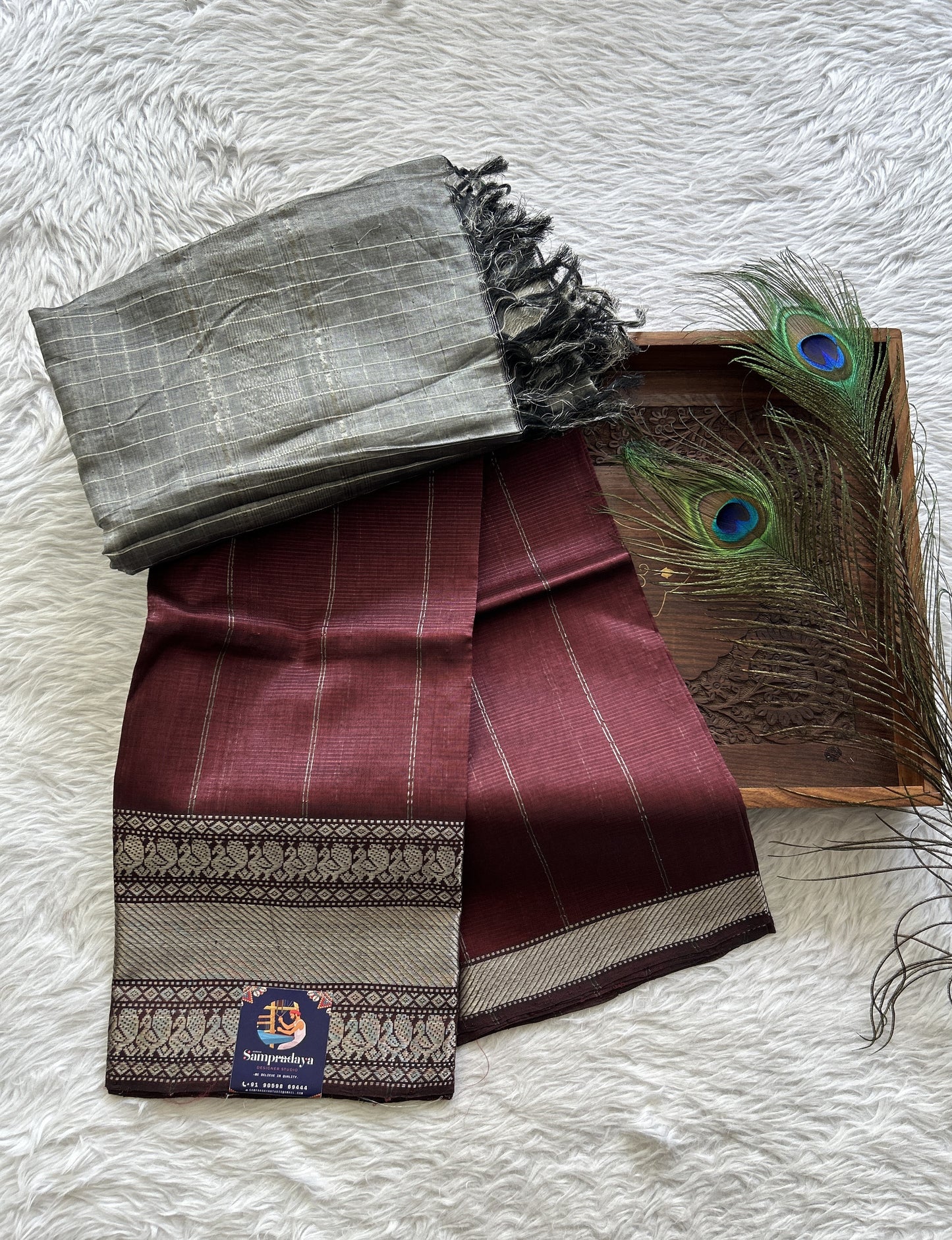 Pure Mangalagiri Pattu Dress Material Brown Colored Paired with a Gray Color Checks Dupatta - Sampradaya Designer Studio